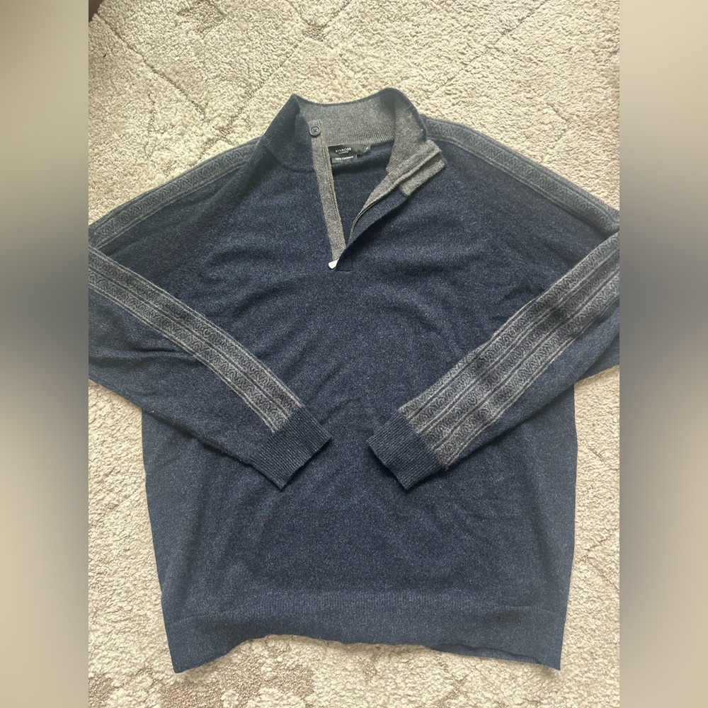 Kinross Cashmere - Men's Blue and Gray Zip Up Sweater